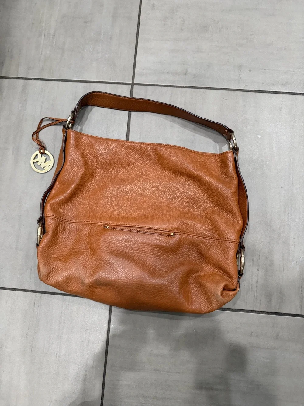 Michael Kors Cognac Pebbled Leather Shoulder Hobo with MK Charm